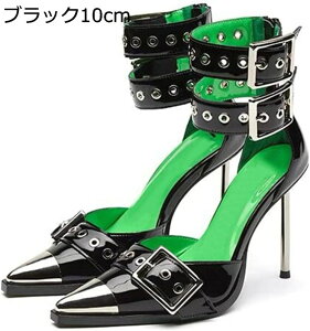 レディース サンダル 金属つま先 バックル アンクルストラップ バックジッパー 夏 レザー 本革 革靴 ハイヒール10cm ピンヒール ポインテッドトゥ セクシー エナメル 原宿風 パンク系 ゴシッ