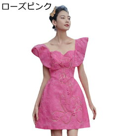 ミニワンピース パーティードレス 無袖 ノースリーブ レディース ピンク フリル袖 花刺繍 キャミソール Aライン 無地 ふわふわ感 かわいい 春夏服 セクシー ミニスカート 二次会 デート 披露宴