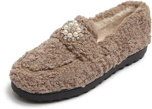 モカシンシューズ もこもこ 防寒 ふわふわ 暖かい ローファー パンプス 冬用 滑り止め あったか レディース 外履き カジュアル ファー スリッポン 可愛い ビジュー付き おしゃれ フラットシ