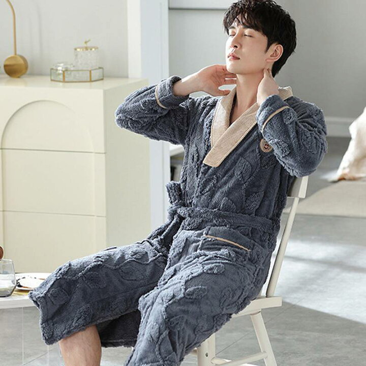Amazon | [ＢＡＧＡＤ] バスローブ ナイトガウン モコモコパジャマ メンズ ルームウェア 英語柄 ボアフリース フランネル 秋 冬 着る毛布  腰ベルト付き ふわふわ 暖か お風呂上がり 昼寝着 きれいめ カジュアル 韓国風 日常 男性用 | パジャマ 通販 [フィオレブ] ソリッドカラーパジャマメンズバスローブマン着物ホームピジャマネグリジェガウンセット男性