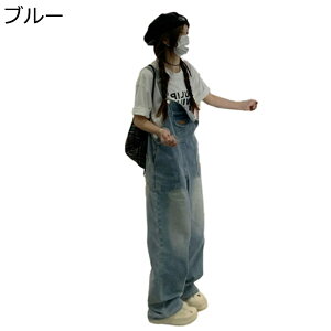 サロペット レディース デニム ピンク ワイドパンツ ロング丈 ポケット オールインワン オーバーオール つなぎ ジーンズ gパン 吊りズボン ルーズ ゆったり 大きいサイズ 作業着 ファッショ