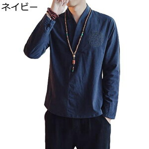 和風シャツ メンズ 長袖Tシャツ カジュアル プルオーバー 日焼け止め 春秋 レトロ 刺繍 リネン 綿麻 薄手 ゆったり 軽量 海水浴 着物 通気 花火大会 お祭り ビーチ