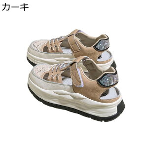 厚底5cm 透かし彫り スニーカー 夏用 レディース サンダル ベルクロ メッシュ スパンコール つま先あり キラキラ付き かわいい オシャレ スカシ編み 夏 スポーツサンダル 防滑 ゴム ローカッ