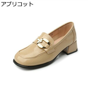 ローファー レディース 大きいサイズ パンプス 本革 4cm太ヒール エナメル 金具飾り 歩きやすい スリッポン 軽量 疲れない 滑り止め 美脚 細身 演出 披露宴 クラブ デート 春秋