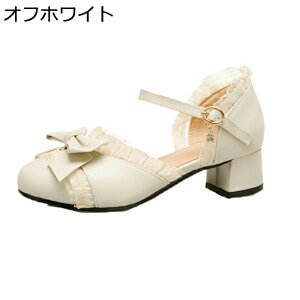 パンプス ハイヒール レディース 大きいサイズ ロリータ靴 男の娘 レース フリル 姫系 リボン 可愛い アンクルストライプ チャンキーヒール ラウンドトゥ ステージ パーティー 仮装 コスプ