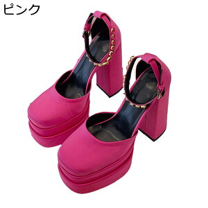 レディース パンプス ハイヒール14cm アンクルストラップ 防水台 ラインストーン ピンク 黒 粗いかかと 太ヒール セクシー 原宿 暗黒 ギャル パンク 安定感 カジュアル ファッション 四季適用