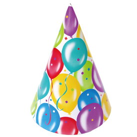 パーティーハット バルーンバースデー 8個入 紙製 ゴム紐付き 三角帽子 コーンハット お誕生日 バースデーパーティー 風船デザイン かわいい カラフル