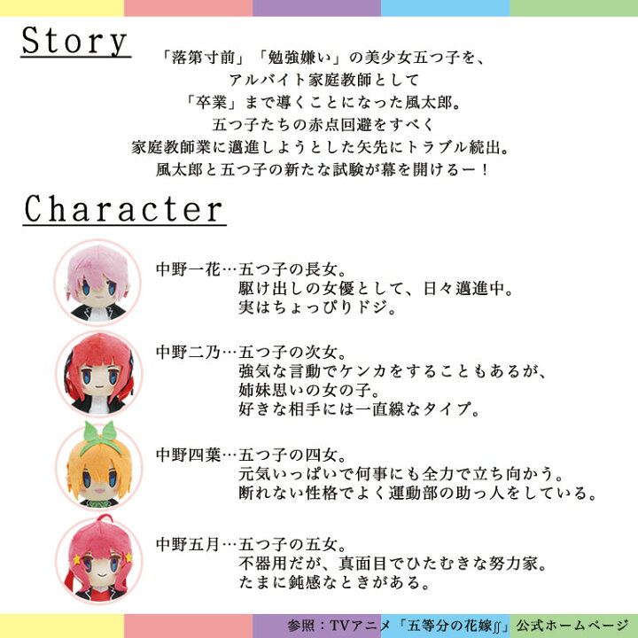 楽天市場 五等分の花嫁 おすわりぬいぐるみ S アニメ コミック グッズ マスコット キャラグルミ 中野 一花 二乃 三玖 四葉 五月 キャラクター 自立 かわいい パーティハウス楽天市場店