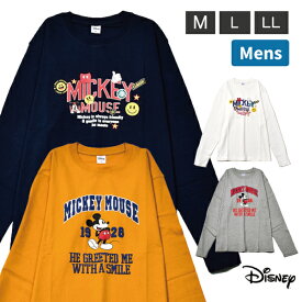 メンズ 紳士 長袖Tシャツ 綿100％ミッキー Mickey Disney スマイル ロンT かわいい おしゃれ 星 M L LL ホワイト ネイビー グレー イエロー