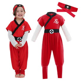 忍者 衣装 子供 ハロウィン 忍者 コスプレ 男の子 女の子 キッズ ピンク 100cm 110cm 120cm 130cm パジャマ にも 長袖 なりきり 上下セット はちまき japanese ninja ハロウィン 忍者 仮装 ピンク 水色 黒 赤 期間限定セール