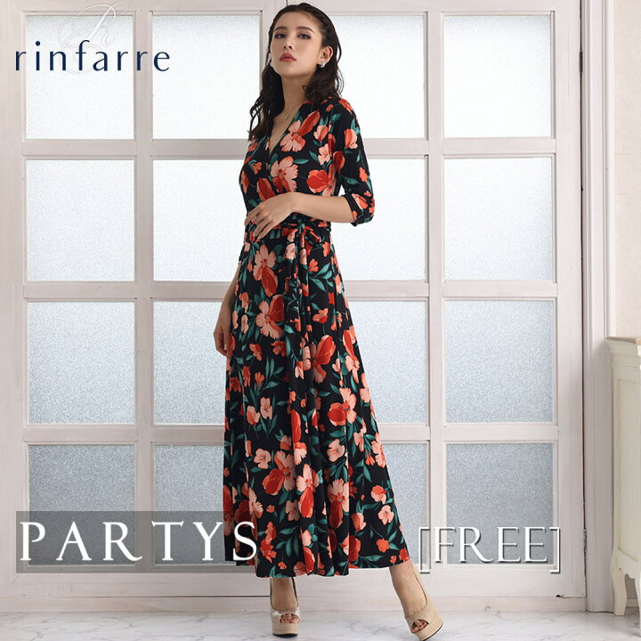 楽天市場 韓国製 交換無料 花柄 プリント カシュクール 七分袖 マキシ ミディアムドレス ワンピース リンファーレ ブラック レッド フリーサイズ 大人 即日発送 30代 40代 韓国ファッション 韓国ドレス 福袋クーポン Partys ミディアムドレス ワンピ