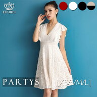 [交換無料 平日15時まで即日配送][ 総レース Vネック フリル ハイウエスト Aライン ショート丈 ミニドレ…