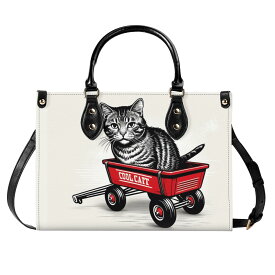 【直送品 同梱不可品】 赤いワゴンに乗ったクールな猫：バニラ(本革ハンドバッグ) 本革ハンドバッグ レディース バッグ 動物 猫 ギフト 贈り物 普段使い leojiro24 【受注作成品