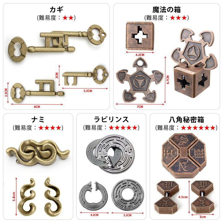 楽天市場】知恵の輪 知恵おもちゃ 5点セット 難易度6～2 リングパズル 
