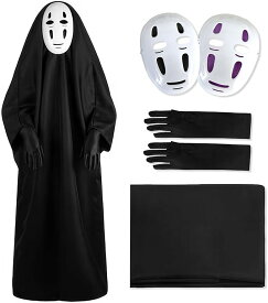 ハロウィン 衣装 コスプレ カオナシ 子供 大人 4点セット 顔隠し 手袋 お面2枚 コスチューム お化け屋敷 カオナシ男 仮装 メンズ 男の子 変装 ハロウィーン Cosplay パーティー こども 子ども キッズ 男性