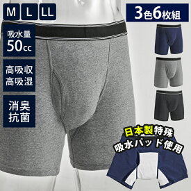 【10％OFFクーポン】横漏れ防止 吸水パッド付 ボクサーパンツ 3色6枚組 M・L・LL（横漏れ防止 吸水 パッド付 ボクサーパンツ 6枚組 M L LL ブラック グレー ネイビー 尿漏れ 失禁 パンツ紺 男性用 メンズ 前開き 尿漏れパンツ ボクサーパンツ）【送料無料】