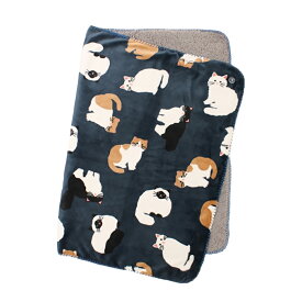 ネコ柄 ひざ掛け 膝掛け ひざかけ ブランケット 裏ボア シープボア フランネル かわいい おしゃれ 子供 大人 学校 職場 自宅 車内 旅行 誕生日 ギフト プレゼント ネイビー 縦700×横1000mm