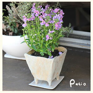 手作り陶器植木鉢 足付角 苔色 小