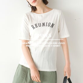 【OMNES Another Edition】汗染み防止リブロゴプリント半袖Tシャツ REUNION レディース カットソー 汗じみ防止 撥水加工 吸水速乾 フリーサイズ カジュアル リブ編み【■】