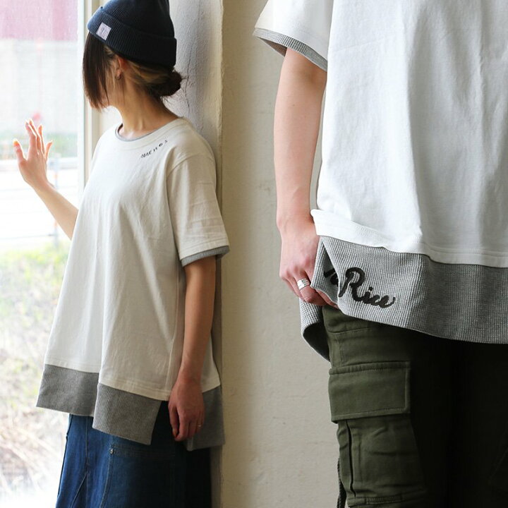 楽天市場 Tシャツ レディース 半袖 重ね着風 フェイクレイヤード お尻が隠れる ワイドシルエット クルーネック 天竺 ミニワッフル 刺繍 アクセント トップス おしゃれ 着痩せ Paty パティ ｐａｔｙ