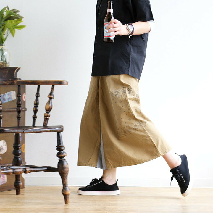 楽天市場 パンツ ガウチョ ワイドパンツ スカート プリント入り スウェット切り替え 股上深い ツイル レディース メンズライク スカーチョ カジュアル アメカジ 夏 夏服 Patyオールズ Oar S オールズ ｐａｔｙ