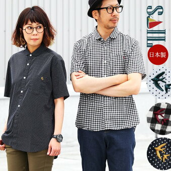 シャツ 半袖 丸襟 ピンドット ドット 日本製 コットン 綿100% おしゃれ 配色 刺繍 刻印ボタン 夏 セイル