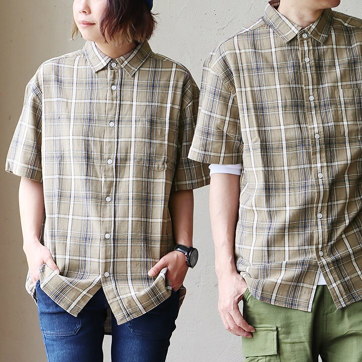 楽天市場】シャツ 半袖 チェック ベージュチェック 綿麻 リネン パナマ 