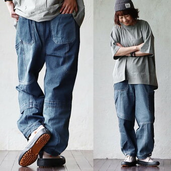 デニムパンツ ストレート ワイド リメイク風 パッチワーク 配色切り替え アシンメトリー ウエストゴム PATY