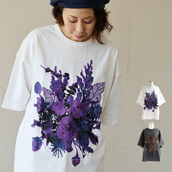 レボ(REVO.) Tシャツ 5分袖 クルーネック 花 刺繍 夏 綿100 コットン ゆったり 大きいサイズ 体型カバー カジュアル パティ