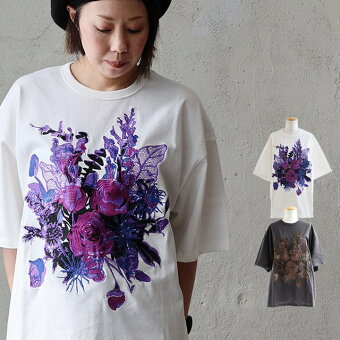 レボ(REVO.) Tシャツ 5分袖 クルーネック 花 刺繍 夏 綿100 コットン ゆったり 大きいサイズ 体型カバー カジュアル パティ