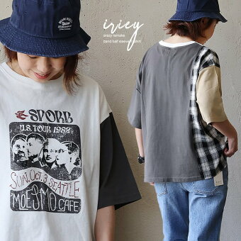 Tシャツ バンドT 5分袖 クルーネック リメイク 配色 チェック柄 プリント 綿100％ 天竺 16番手 タフ 体型カバー 夏 パティ