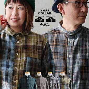 ジムマスター(gymmaster) ジムマスター シャツ 長袖 袖リブ チェック カジュアル バンドカラー ショールカラー 2WAY パティ