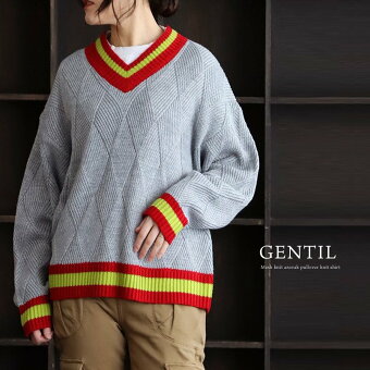 ニット セーター 長袖 Ｖネック ダイヤ柄 配色ライン アクリル100％ 厚手 チクチクしない 伸縮性 パティ ジャンティ