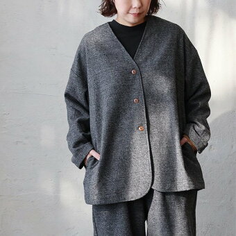 ジャケット 長袖 Vネック セットアップ 千鳥格子 ポリエステル ウール 起毛 暖かい ゆったり パティ カラック