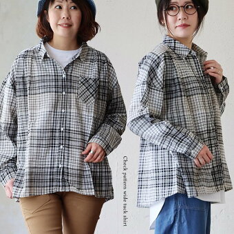 シャツ チュニックシャツ 長袖 レギュラーカラー チェック柄 綿100 コットン 薄手 通気性 軽い 涼しい ゆったり 体型カバー パティ