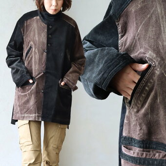 ジャケット カバーオール 長袖 ノーカラー 配色 コーデュロイ 洗い加工 ヴィンテージ風 伸縮性 ゆったり パティ