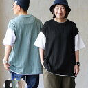 Tシャツ 半袖 ベスト メンズ レディース 重ね着風 フェイク レイヤード お洒落 ニットベスト ジャガード 伸縮性 接触冷感 涼しい ひんやり 涼しい カジュアル 夏 パティ 【メール便50】