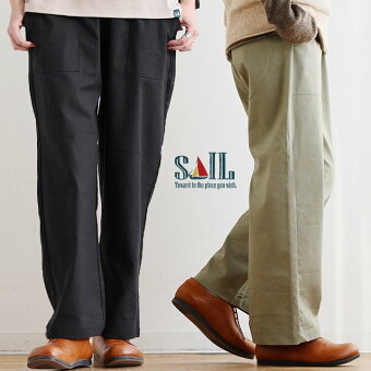 パンツ ベイカーパンツ ストレート ワイド 脚長 股上深い 綿麻 リネン コットン ポリエステル ウエストゴム セイル