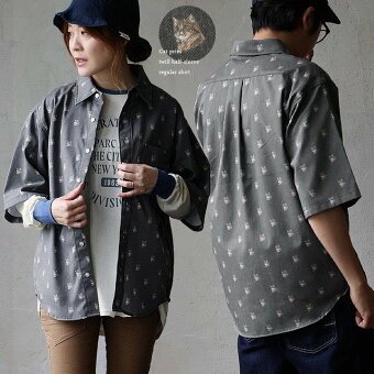 コリスコ(CORISCO) シャツ 5分袖 猫 ネコ プリント ポリエステル コットン ツイル しっかり生地 ハリ 軽い 体型カバー パティ