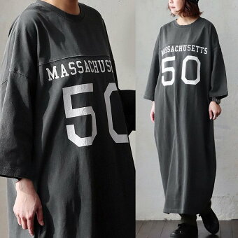 ワンピース Tシャツ 古着風 九分袖 ナンバリング ロゴ プリント ビッグシルエット しっかり 丈夫 綿100