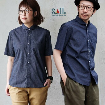 シャツ 半袖 丸襟 ピンドット ドット 日本製 コットン 綿100% 配色 刺繍 刻印ボタン 夏 アイロン不要 セイル