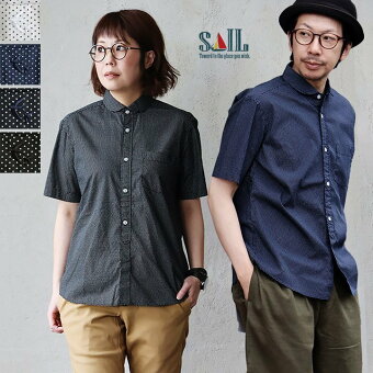 シャツ 半袖 丸襟 ピンドット ドット 日本製 コットン 綿100% 配色 刺繍 刻印ボタン 夏 アイロン不要 セイル