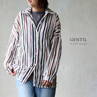 シャツ 長袖 レギュラーカラー ストライプ シアー 透け感 重ね着 ポリエステル 涼しい 薄手 軽い 通気性 パティ ジャンティ