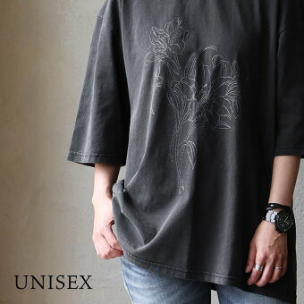 Ｔシャツ 5分袖 クルーネック 刺繍 フラワー 花 綿100 コットン ピグメント 褪せ色 ゆったり パティ