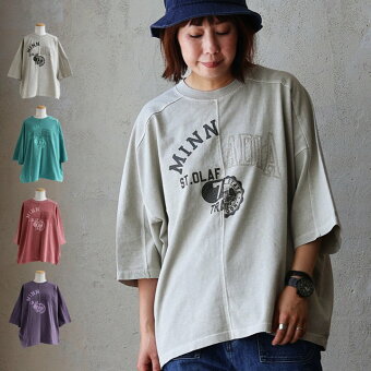 Tシャツ 7分袖 クルーネック ロゴプリント 刺繍 リメイク風 褪せ色 ピグメント しっかり生地 タフ 綿100 コットン 天竺 パティ