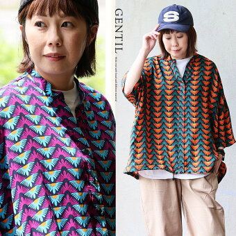 シャツ 5分袖 バンドカラー キーネック 総柄 バティック風 花 レーヨン100 涼しい 軽い 通気性 着痩せ すっきり ジャンティ