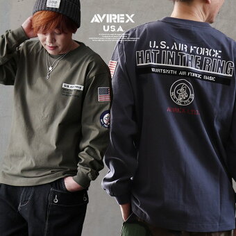 AVIREX(アヴィレックス) アビレックス カットソー 長袖 クルーネック ワッペン バックプリント ロゴ 綿100 コットン 袖リブ パティ