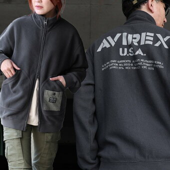 AVIREX(アヴィレックス) カーディガン カーデ 長袖 シャギー 起毛 サーマル ワッフル スタンドネック ダブルジップ バック プリント