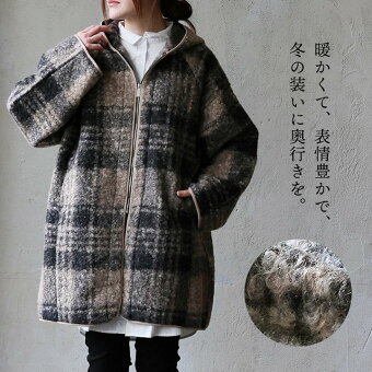 コート フードコート フード付き チェック柄 ブークレ ポリエステル 暖かい 軽い ゆったり 大きいサイズ パティ ルコリ