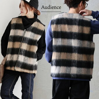 オーディエンス(Audience) ベス ト Vネック シャギーチェック 軽い 暖かい ウール サスティナブル エコ 日本製 パティ オーディエンス